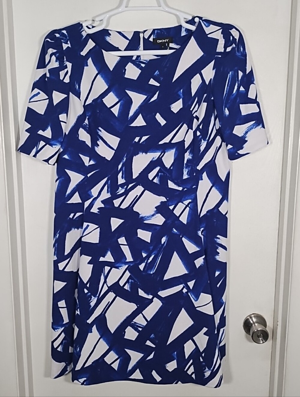 DKNY Womens 16 A-line Dress Blue White Short Puff Sleeve Knee Length Stretch